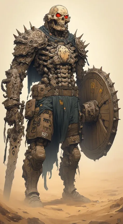 "A sinister skeletal warrior in a desert landscape, wearing dark, worn-out armor made of rusted metal and aged leather. Its skull has an aggressive expression with sharp teeth and a menacing jaw. In its right hand, it holds a corroded metal sword with a ja...