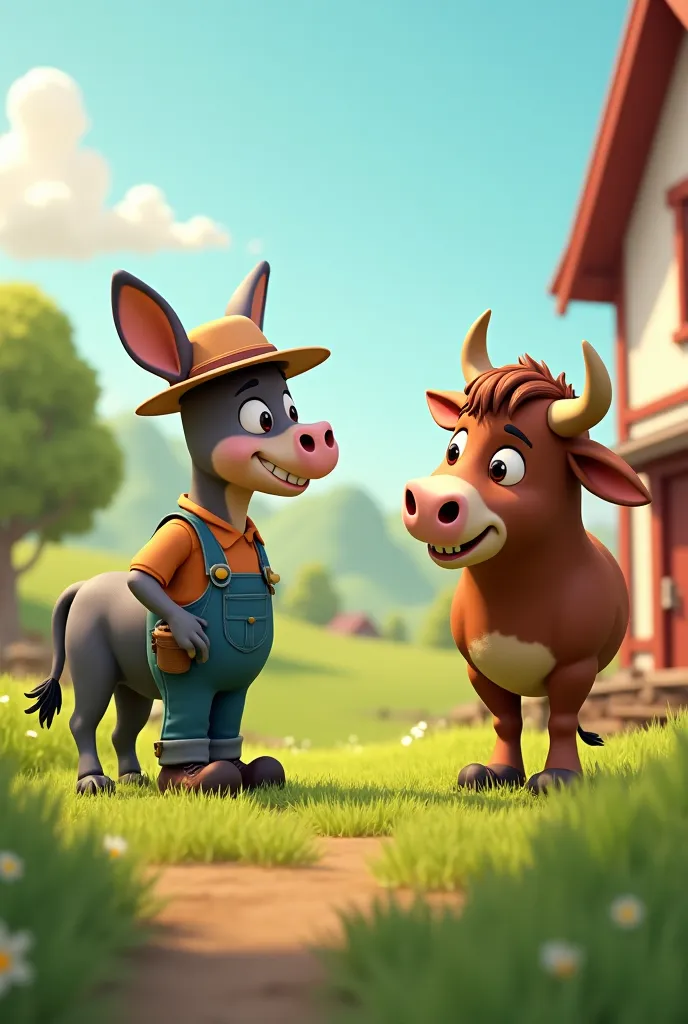 a cartoon or 3d style, a farm that has a one farmer and donkey talking to bull happily whle bull is tired fir working