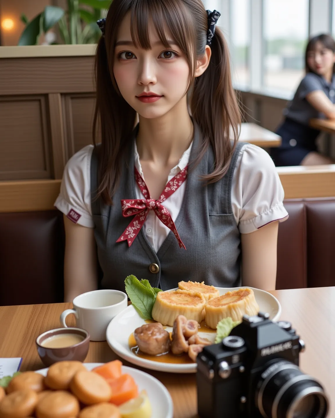 ultra-realistic, photorealistic, dramatic scene, shadow, global-illumination, solo, (age Japanese famous idol girl), very beautiful fragile Japanese girl, very beautiful with very cute but boyish cool face, (very large breasts), slim waist, (wearing a gray...