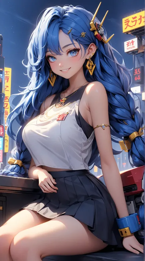 visiosomal, ( masterpiece,   rolled up  ;1.3), extremely detailedes ,extremely detailed,   1 girl,Alone,   twin braids ,   big chest,   bad smile , gundam(RX78), Science-Fiction, Mecha, ,  Blue Hair, Alone, hair accessories,  long hair ,  twin braids , gol...