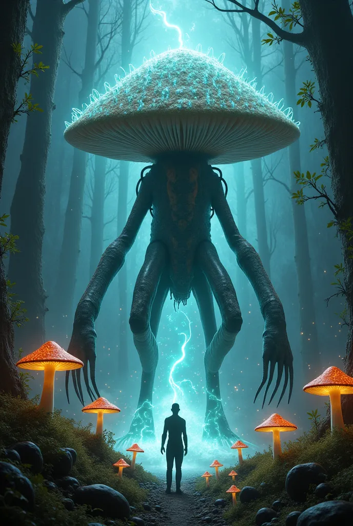 A myconid leader of a pack of 6 other miconids, Dangerous aura of spores, Mushroom forest setting, Spore cloud on the ground