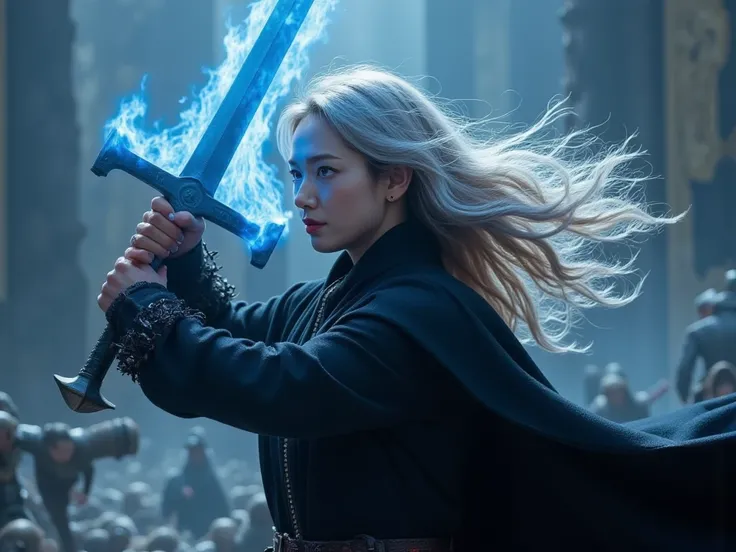 a woman with  wavy long silver hair and pale skin, wielding a flaming blue rapier in an epic pose, wearing a black cape, against an epic fantasy background, best quality,8k,masterpiece,ultra-detailed, dynamic action pose, dramatic lighting, cinematic, vibr...