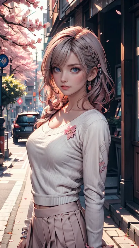  masterpiece,  top quality,  Ultra High Resolution,  Illustration of , Wide angle, 1人の少女がIn the middle of the road 立っている, Alone, In the middle of the road 、 pink cherry trees on the side of the road ,  full body, 20th Generation,  pink hair,   sweater , sh...