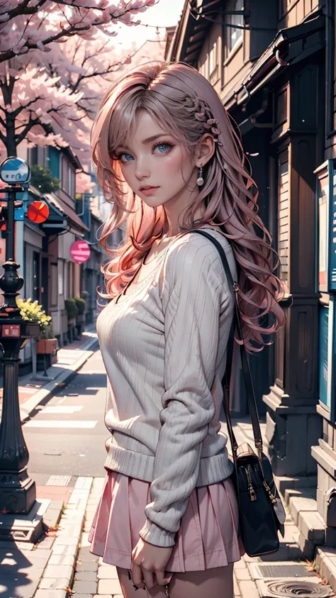  masterpiece,  top quality,  Ultra High Resolution,  Illustration of , Wide angle, 1人の少女がIn the middle of the road 立っている, Alone, In the middle of the road 、 pink cherry trees on the side of the road ,  full body, 20th Generation,  pink hair,   sweater , sh...