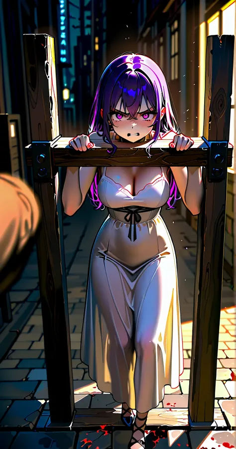 1girl, (best quality), medium breasts, (ultra high resolution), high resolution, (cinematic lighting), POV, 4k, 8k, masterpiece, cobblestone city square, beautiful elvish handmaiden, dingy simple gown, purple hair, hatred, anger, in the stocks, blood smear...