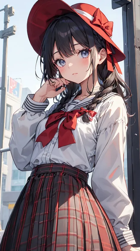 2D, mastepiece, Best Quality, Highly detailed, 1 girl , The Perfect Five Fingers,Solo,  Looking at Viewer, Single braid, Side braid, White shirt, Long sleeves, Sailor collar, Red Ribbon,gray plaid skirts, , , From below, ,she is lifting her  skirt,