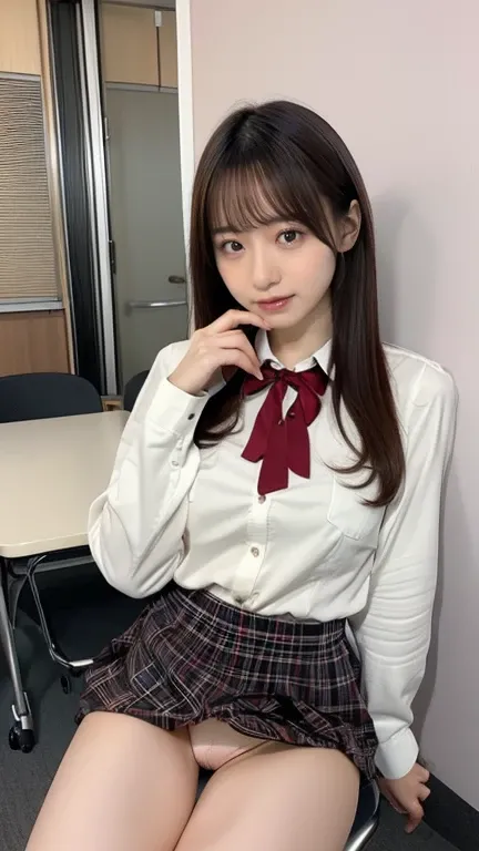 A beautiful woman who makes people like you、 exhibitionist、sitting on chair ,  wide open legs、 panties that you can wear、nsfw、 school uniform(ジャケット、White long sleeve collared shirt、 black pleated skirt) sexy pose:2.0、orgasm:1.5、   スカートを手で持ち上げる、パンティが少し濡れている