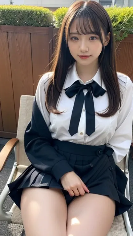 A beautiful woman who makes people like you、 exhibitionist、sitting on chair ,  wide open legs、 panties that you can wear、nsfw、 school uniform(ジャケット、White long sleeve collared shirt、 black pleated skirt) sexy pose:2.0、orgasm:1.5、   スカートを手で持ち上げる、パンティが少し濡れている...