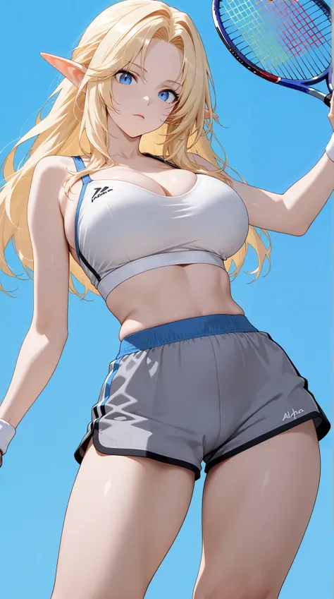 masterpiece,extremely detailed,nsfw,perfect skin texture,4k,solo,1girl, alpha,blue eyes, blonde hair, pointy ears,white sport bra,grey shorts,((fullbody)),slim body,large breasts, sexy legs,perfect body,holding a racket tennis,soft light, high detailed, be...