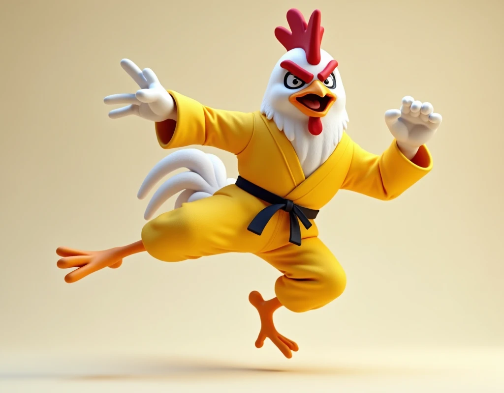 high quality, angry chicken, wearing bruce lee costume, jumping and kicking in the air.