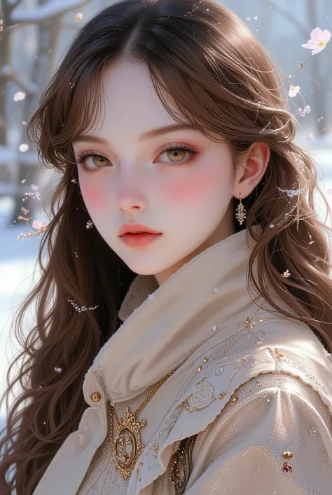   girl,   long soft light brown hair,   brown eyes, Sharp Features,   white skin,   radiant pink lips  ,   beautiful, perfection, Wear winter clothes ,   high res,   bright color .