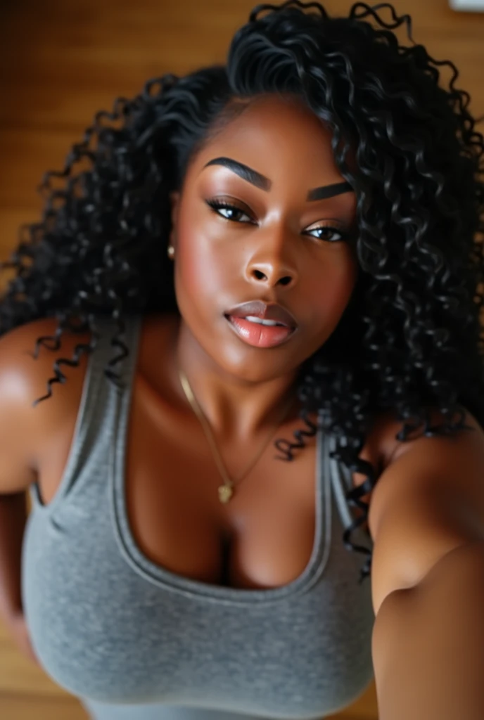 Chubby black Brasilian long curly woman with grey tank top taking selfie from above  running your hand over your waist sitting kiss mouth at home in the afternoon 