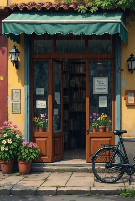 I need an image in anime v2.  From an old craft store with closed windows and wooden doors. Flores á porta.  And it's raining a lot outside . There's a sign on the door .  And an old bike on the sidewalk 