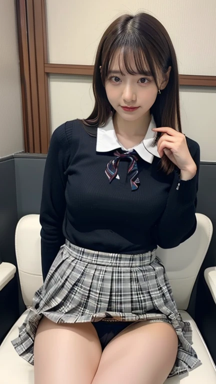 A beautiful woman who makes people like you、 exhibitionist、sitting on chair ,  wide open legs、 panties that you can wear、nsfw、 school uniform(ジャケット、White long sleeve collared shirt、 black pleated skirt) sexy pose:2.0、orgasm:1.5、   スカートを手で持ち上げる、パンティが少し濡れている...