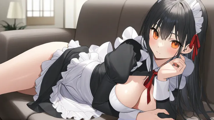 Alone、( Masterpiece,  top quality:1.2)、 maid outfit、 living room 、 lying on the sofa、Neat black hair、Amber Eyes、 long hair、 glossy black hair 、( top quality)、( ultra detail)、( very detailed and beautiful)、( beautiful detail eye)、 ( perfect anatomy)、( perfe...