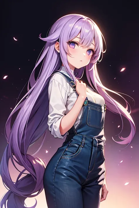  1 beautiful girl　Shows up to the waist　 light purple hair 　 loosely curled long hair　 fuchsia eyes 　 expressionless　white and purple overalls 