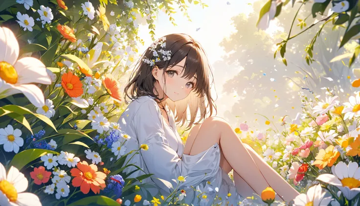 Masterpiece,  best quality,  Super Detail, cute girl,Surrounded by flowers, Calm Morning 