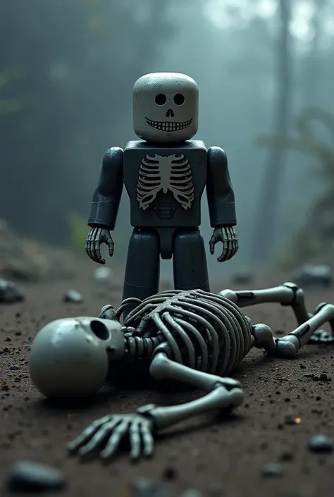 Create a skeleton lying on the ground and a Roblox character on top of the fallen skeleton