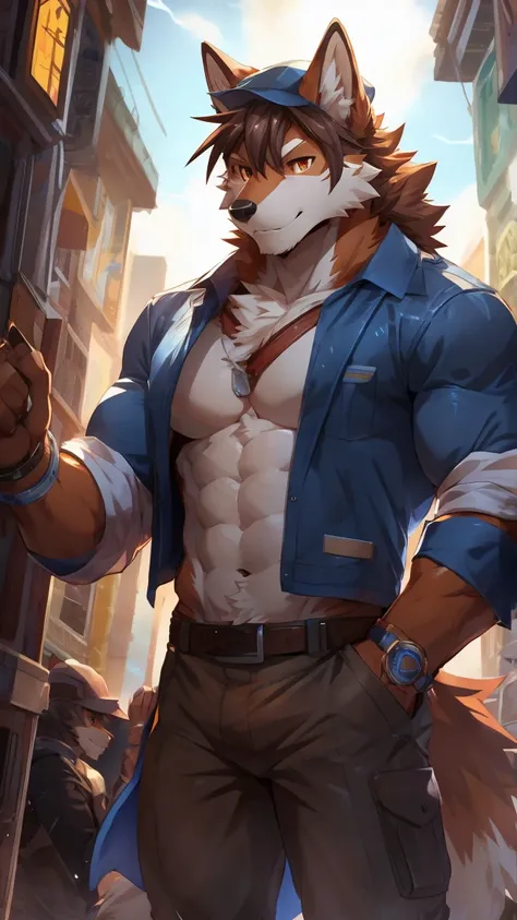 embedding:red wolf,male, orange eyes, Single Person,blue fur.The chest and abdomen are white fur.A film actor,Wearing a Flat cap,Abdominal muscle,blue vest, Brown jeans,Adult male,Handsome,Confident,Adulthood,Tall,Best quality hands, best quality eye，detai...