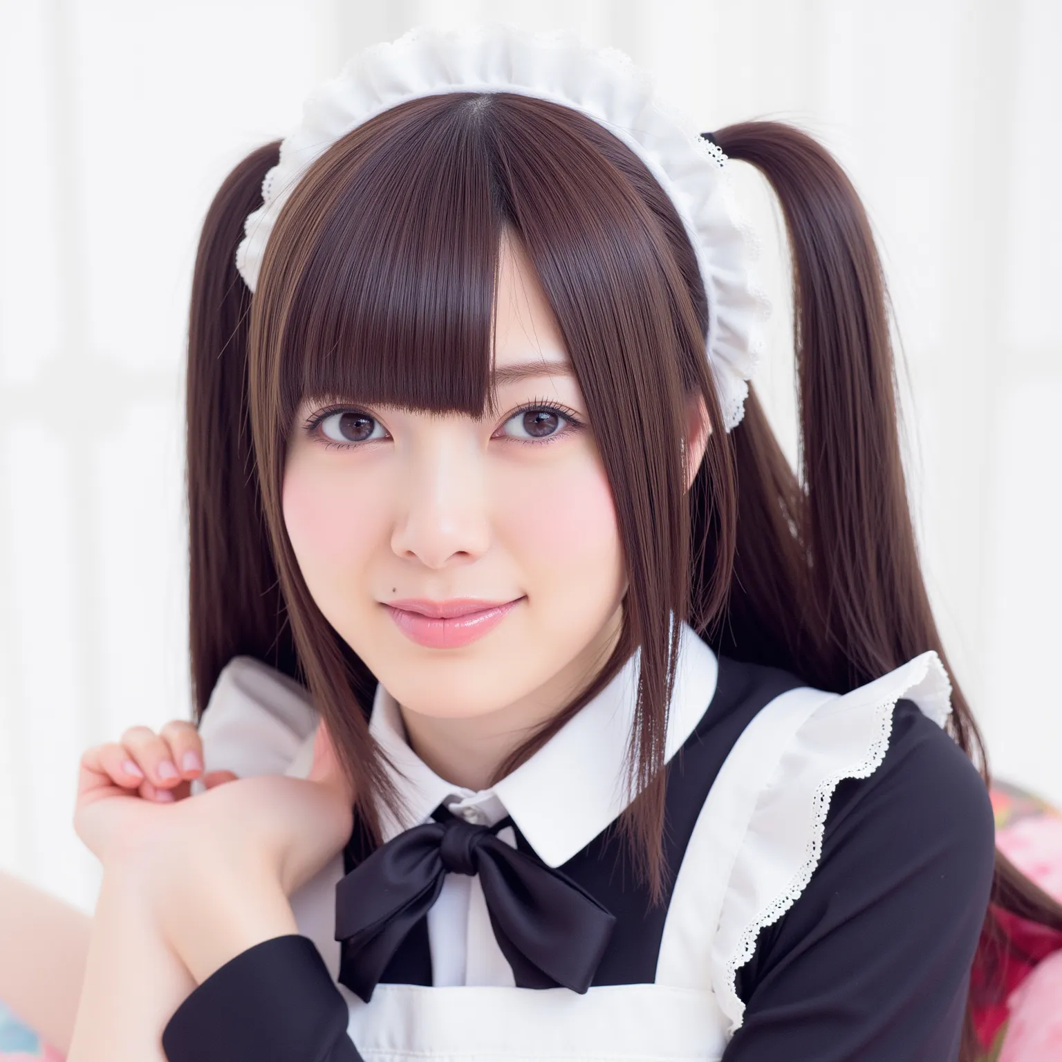   High resolution photos of young Japanese female idols in high resolution
long black hair、 black maid outfit 、 twin tails
