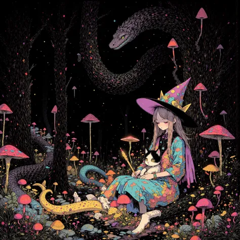  walking through the woods 、It's like a deep ocean , The wizard girl and her partner, the calico cat   ,  mixed fantasy art in the style of James Jean ,   giant snake   ,Ancient Forest ,  fireflies,Glowing Mushrooms ,  a girl is a wizard   ,🧙🪄,   the girl ...