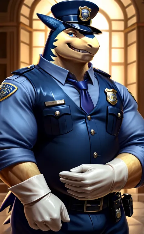 Solo, Male, close up, fat, musclegut, obese, gentleman, dapper Typhlosion, blue eyes, wearing a big leather collar around his neck, (soft shading), 4k, hi res, ((detailed face, detailed)), looking at viewer, evil grin, collared shirt with buttons, top-hat,...