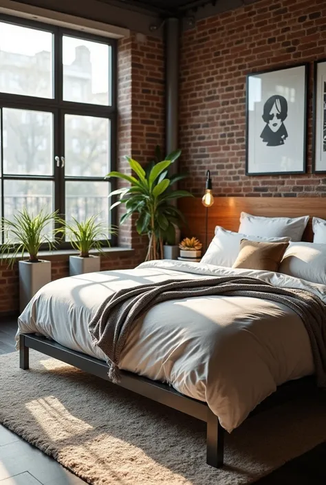 A luxurious and modern bed ,  with impeccable white cotton sheets and a soft duvet in shades of gray and beige ,  positioned in the center of a spacious room with industrial decoration .  The bed frame is made of brushed metal ,  style combined with a stur...