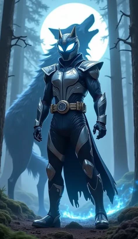 A fierce Wolf-themed Super Sentai warrior, clad in a sleek, battle-ready armored suit with silver and dark blue accents. The helmet features a sharp, wolf-like design with glowing eyes. The warrior stands in a powerful stance, exuding a wild and untamed en...