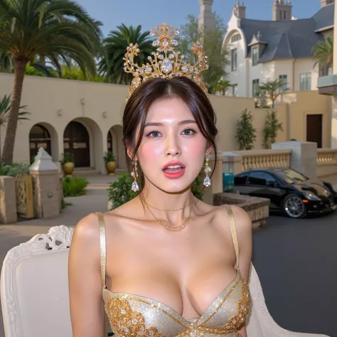  Portrait :  view from the front, remote photo, Burmese woman, 20 years old,  , black hair, blue eyes, very big bust ,Wear a bra made of gold,Wear expensive diamond earrings,Wear a golden crown on your head,เธอ face shock,Open your mouthค้าง,She is very ri...