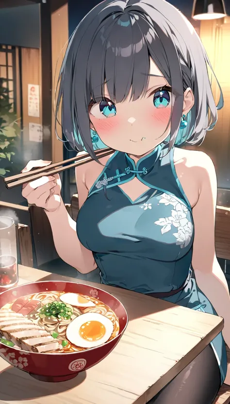 (masterpiece),8k,  (lovely), a girl, junior high school student, solo, (lovely), (dark charcoal gray hair, bob hairstyle),  (cool eyes, beautiful turquoise eyes :1.2), wearing detailed blue qipao , cute turquoise earrings,    ((middle breasts)), made with ...