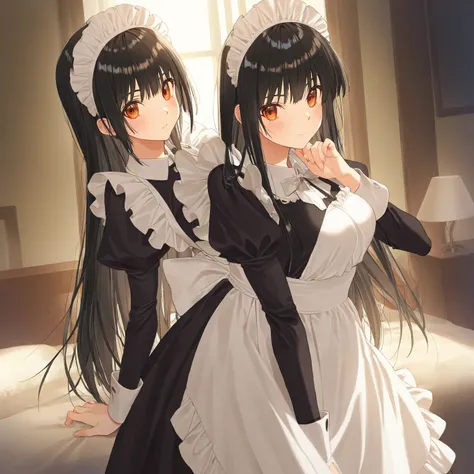 Alone、( Masterpiece,  top quality:1.2)、 maid outfit、morning、bedroom、The maid comes to wake you up、Neat black hair、Amber Eyes、 long hair、 glossy black hair 、( top quality)、( ultra detail)、( very detailed and beautiful)、( beautiful detail eye)、 ( perfect ana...