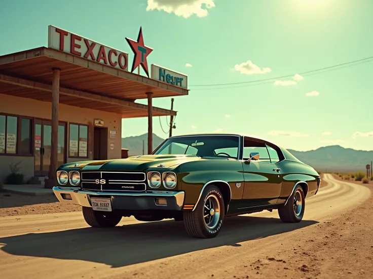 photo of a dark green 1970s Chevrolet SS, 
arizona, desert "Texaco" gas station, road movie, 
bright desaturated sunlight 
--ar 3:2 --style raw --s 50