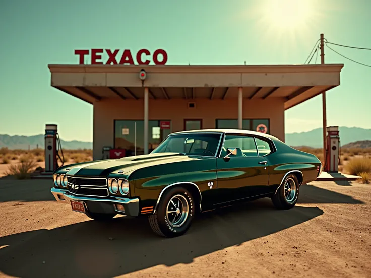 photo of a dark green 1970s Chevrolet SS, 
arizona, desert "Texaco" gas station, road movie, 
bright desaturated sunlight 
--ar 3:2 --style raw --s 50