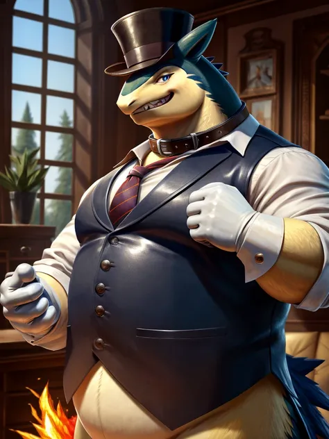 Solo, Male, close up, fat, musclegut, obese, steampunk, gentleman, dapper Typhlosion, blue eyes, wearing a big leather collar around his neck, (soft shading), 4k, hi res, ((detailed face, detailed)), looking at viewer, evil grin, collared shirt with button...