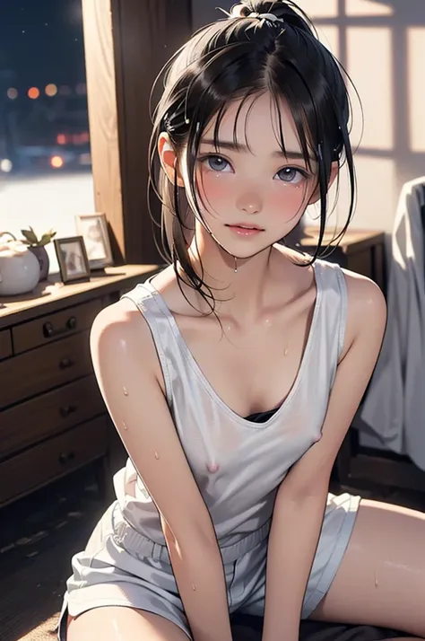 (8k,  RAW photo,  photorealistic:1.25), (looking at viewer, Messy hair, disheveled wet Hair, wet short ponytail hair, very short hair:1.8), (white headband:1.5), (cleavage, flat chest, covered nipples, white tank top, white running short pants, Track and f...