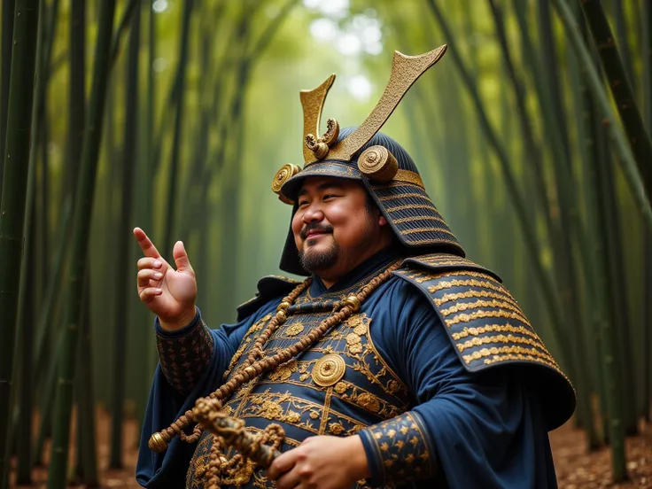  anatomically correct body 、 live action photos 、１man、 Japanese、Draw the whole body、 is looking at a 、 is pointing his face towards me、Whole body、Fat、obesity、40 years old、smile、fat、obesity、samurai、 lavishly decorated Japanese sword、A richly decorated Japan...