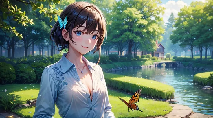 1girl, summer, trees, house, fantasy landscape, water, bird, butterfly, ((Kafka)), ((Honkai Star Rail)), ((unbuttoned shirt)), unbuttoning buttons, smile, looking at the viewer, standing, perfect quality, clear focus (clutter-home: 0.8), (masterpiece: 1.2)...