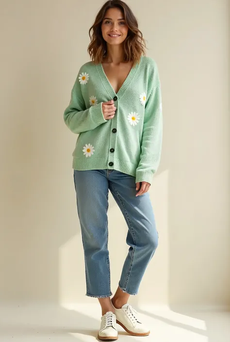 A stunning professional female model wearing a charming, pastel-green knitted cardigan with a delicate white daisy pattern. The cardigan is soft and lightweight, featuring a relaxed, slightly oversized fit. It has a flattering V-neckline framed by a ribbed...