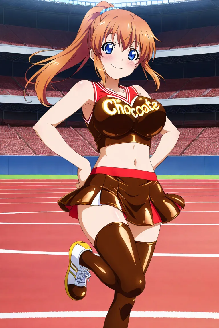 anime screencap, 1girl, solo, (chocolate clothes:1.2), cheerleader, crop top, , midriff, navel, miniskirt, thighhighs, long hair, ponytail, large breasts, smile, stadium