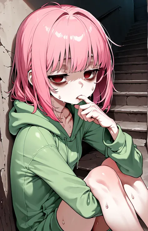 sfw,solo loli_girl,pink hair,(small breast:1.2),[emaciated:1.3],hungry,depressed,hoodie,daemon hood,Widening one’s eyes,half-closed eyes,looking at viewer,hugging own legs,sweat,suck own finger,empty eyes,leaning on wall,stairway,