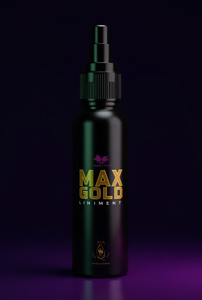  I want to make an image with the following text: MAX GOLD LINIMENT, spray bottle  , color black, purple and green


