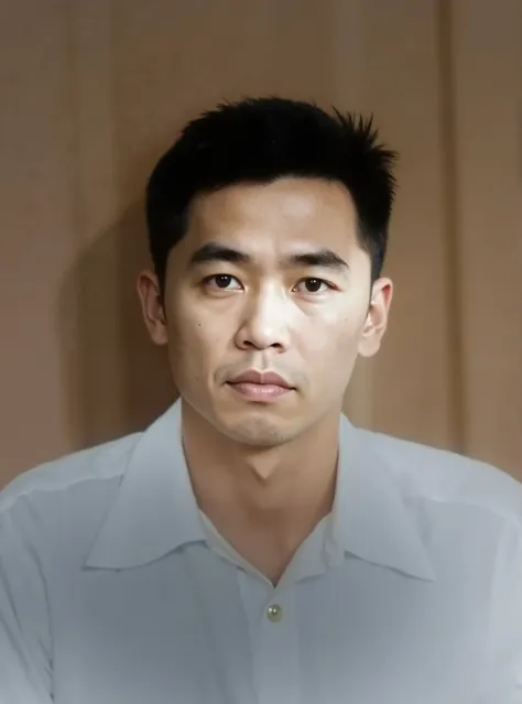 A highly detailed, ultra-realistic portrait of a young East Asian man in his early 20s, wearing a white collared shirt. He has short black hair, smooth skin with subtle facial textures, and a calm, neutral expression. His gaze is directed towards the camer...