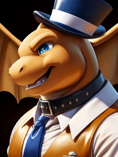 Solo, Male, close up, fat, musclegut, obese, gentleman, dapper Dragonite, blue eyes, wearing a big leather collar around his neck, (soft shading), 4k, hi res, ((detailed face, detailed)), looking at viewer, evil grin, collared shirt with buttons, top-hat, ...