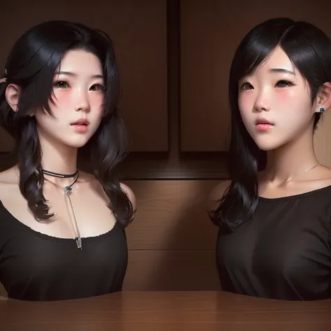 The amputated torsos of two high school girls are displayed on the table、  short bob with black hair