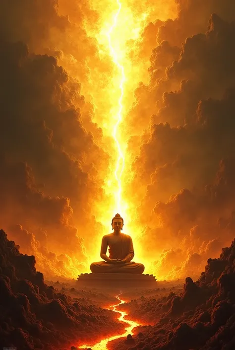 Create a picture of the Buddha illuminating souls in the realm of hell. The suffering souls are illuminated by the golden light