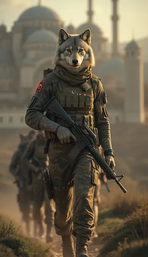 Generate an ultra-realistic image of 5 humanoid wolf muscular commando Turkish soldiers walking straight in unison, holding guns. Each wolf soldier should be dressed in a tactical Turkish military uniform, complete with a Turkish flag patch on their should...