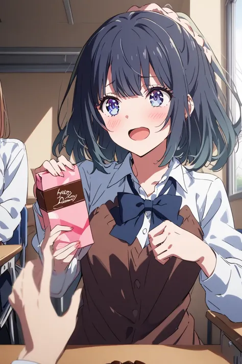 High school girl giving chocolate in the classroom on Valentine's Day