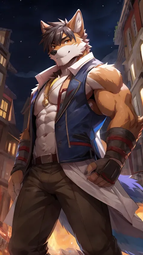 embedding:red wolf,male, orange eyes, Single Person,blue fur,Long brown hair.The chest and abdomen are white fur.A film actor,Wearing a Flat cap,Abdominal muscle,blue vest, Brown jeans,Adult male,Handsome,Confident,Adulthood,Tall,Best quality hands, best q...