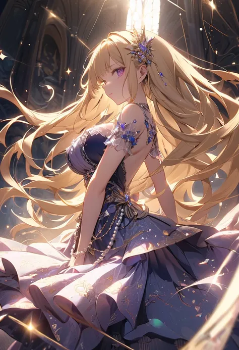 Blonde woman with purple eyes wearing a dark blue Lolita dress, A dress adorned with magnificent pearls with a beautiful pattern, Sparkling dress, long hair, tall, big bust, noon light, very Sparkling dress, look powerful