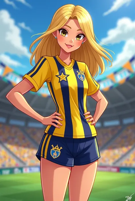 Winx stella wearing yellow navy striped jersey with yellow navy blue flags and stadium behind